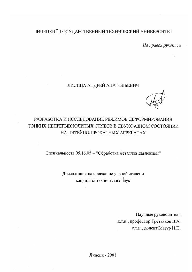 Разработка и исследование режимов деформирования тонких непрерывнолитых слябов в двухфазном состоянии на литейно-прокатных агрегатах
