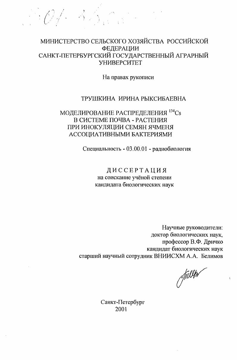 Моделирование распределения 134 Cs в системе почва-растение при инокуляции семян ячменя штаммами ассоциативных бактерий