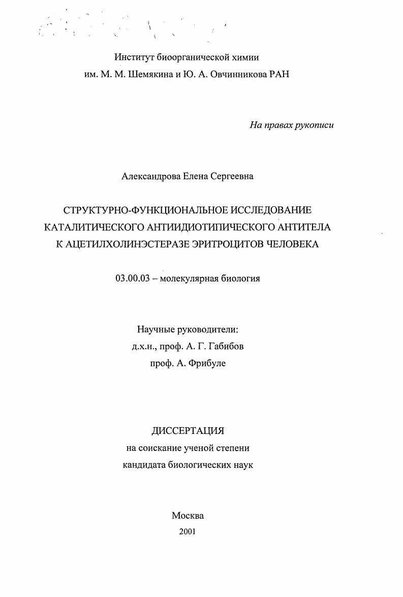 Структурно-функциональное исследование каталитического антиидиотипического антитела к ацетилхолинэстеразе эритроцитов человека