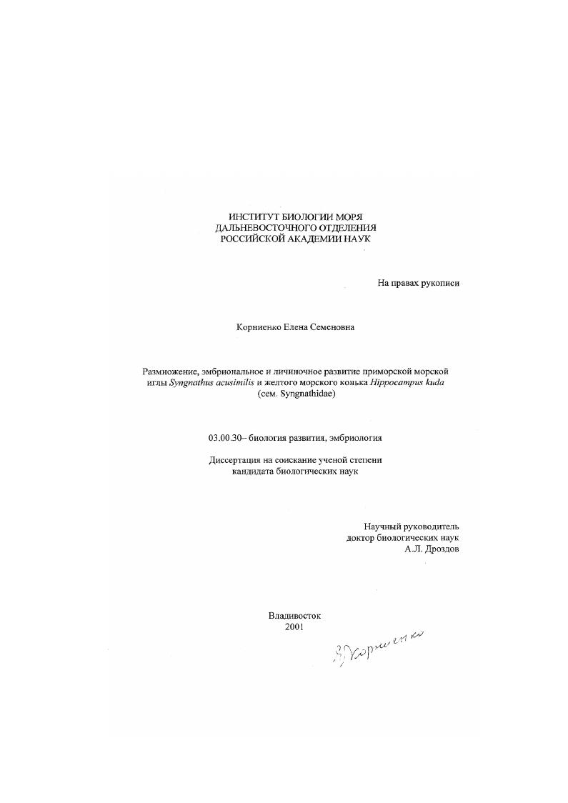 Размножение, эмбриональное и личиночное развитие приморской морской иглы Syngnathus acusimilis и желтого морского конька Hippocampus kuda : Сем. Syngnathidae