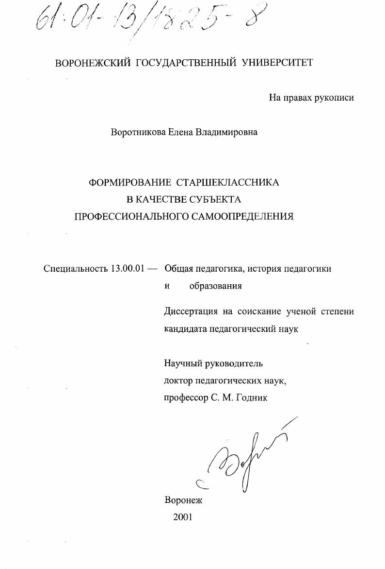 скачать диссертацию Формирование старшеклассника в качестве субъекта профессионального самоопределения Формирование старшеклассника в качестве субъекта профессионального самоопределения