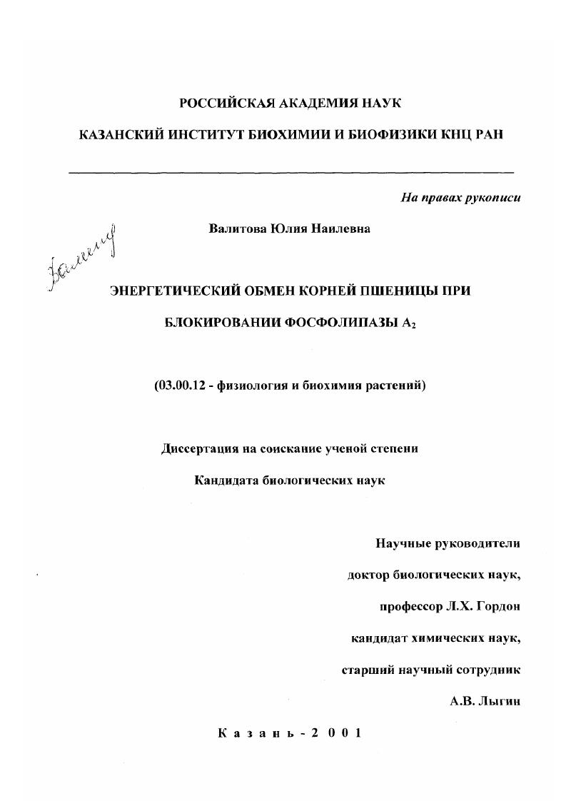 скачать диссертацию Энергетический обмен корней пшеницы при блокировании фосфолипазы A2 Энергетический обмен корней пшеницы при блокировании фосфолипазы A2
