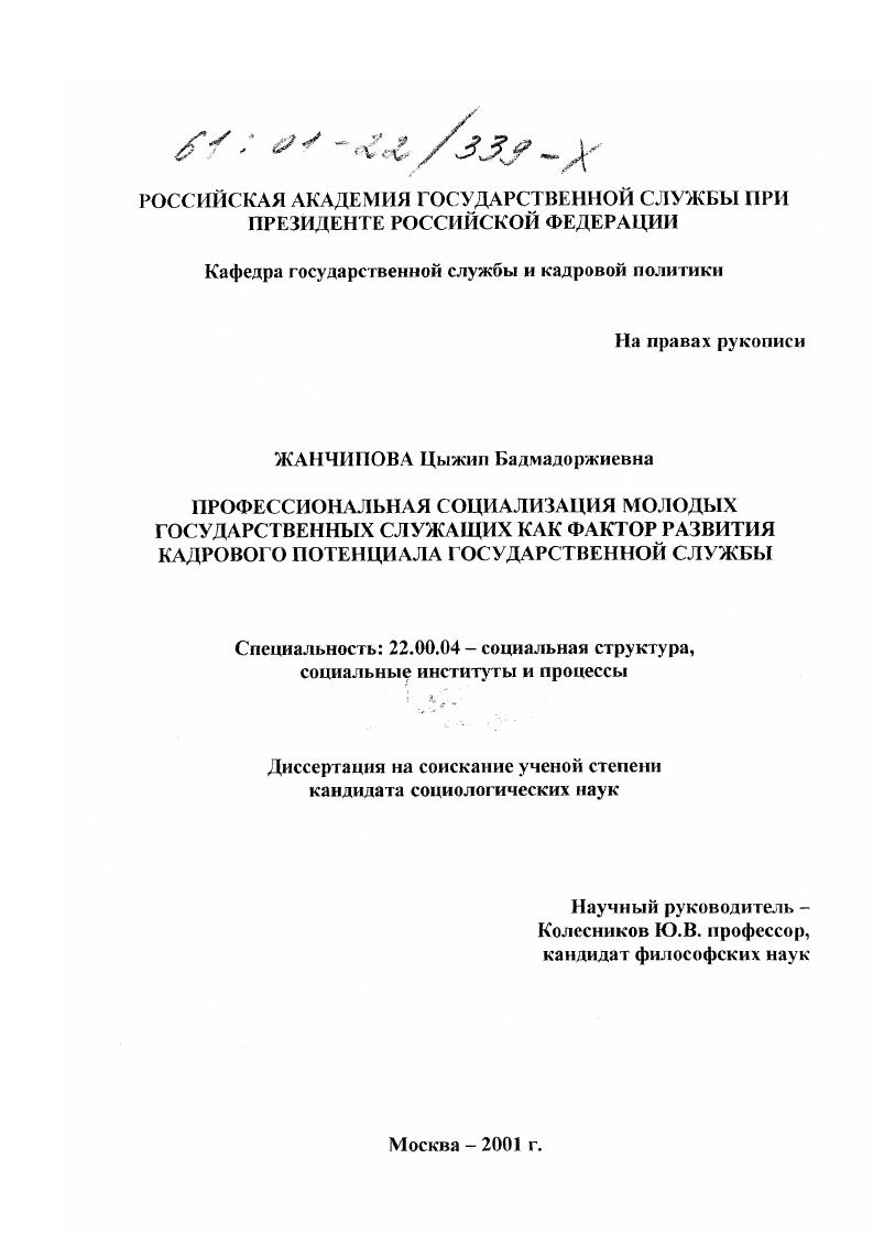 скачать диссертацию Профессиональная социализация молодых государственных служащих как фактор развития кадрового потенциала государственной службы Профессиональная социализация молодых государственных служащих как фактор развития кадрового потенциала государственной службы