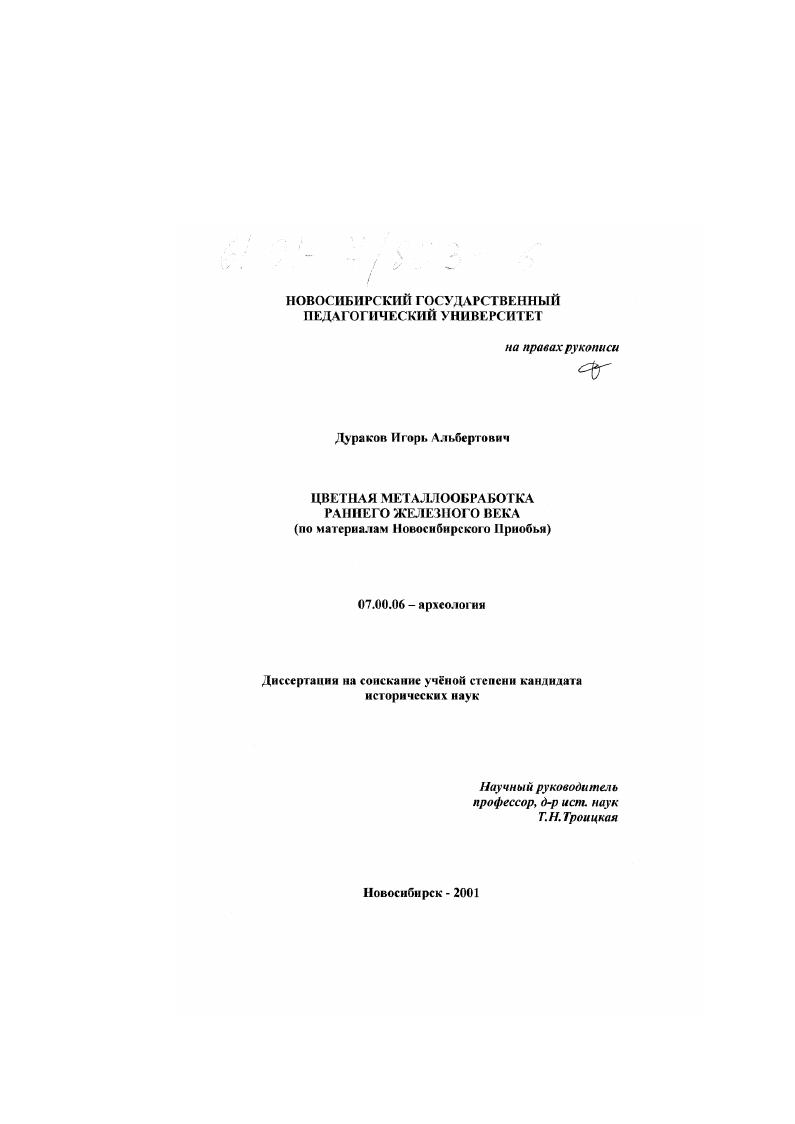 Цветная металлообработка раннего железного века : По материалам Новосибирского Приобья