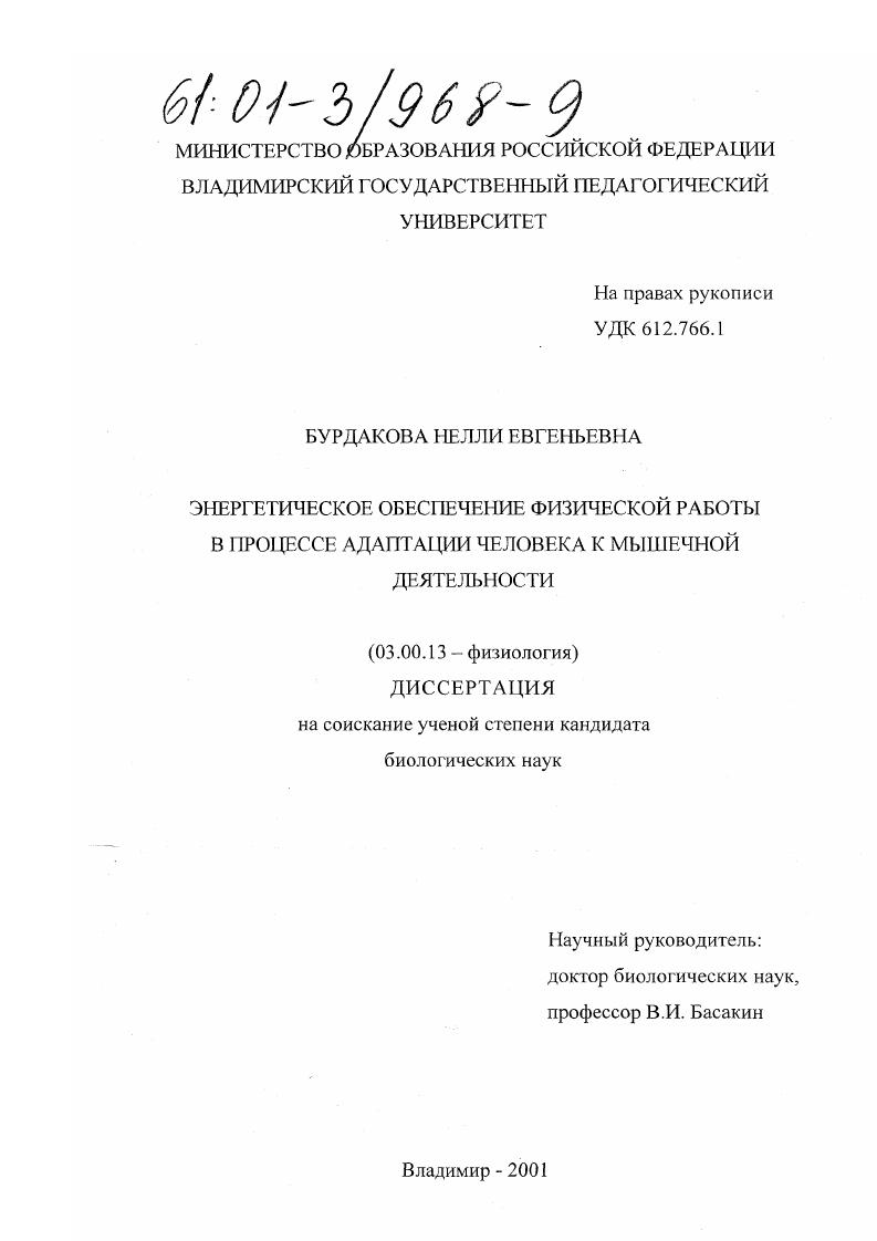 Энергетическое обеспечение физической работы в процессе адаптации человека к мышечной деятельности
