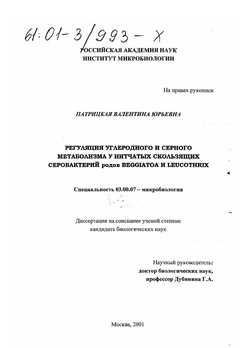 скачать диссертацию Регуляция углеродного и серного метаболизма у нитчатых скользящих серобактерий родов Beggiatoa и Leucothrix Регуляция углеродного и серного метаболизма у нитчатых скользящих серобактерий родов Beggiatoa и Leucothrix