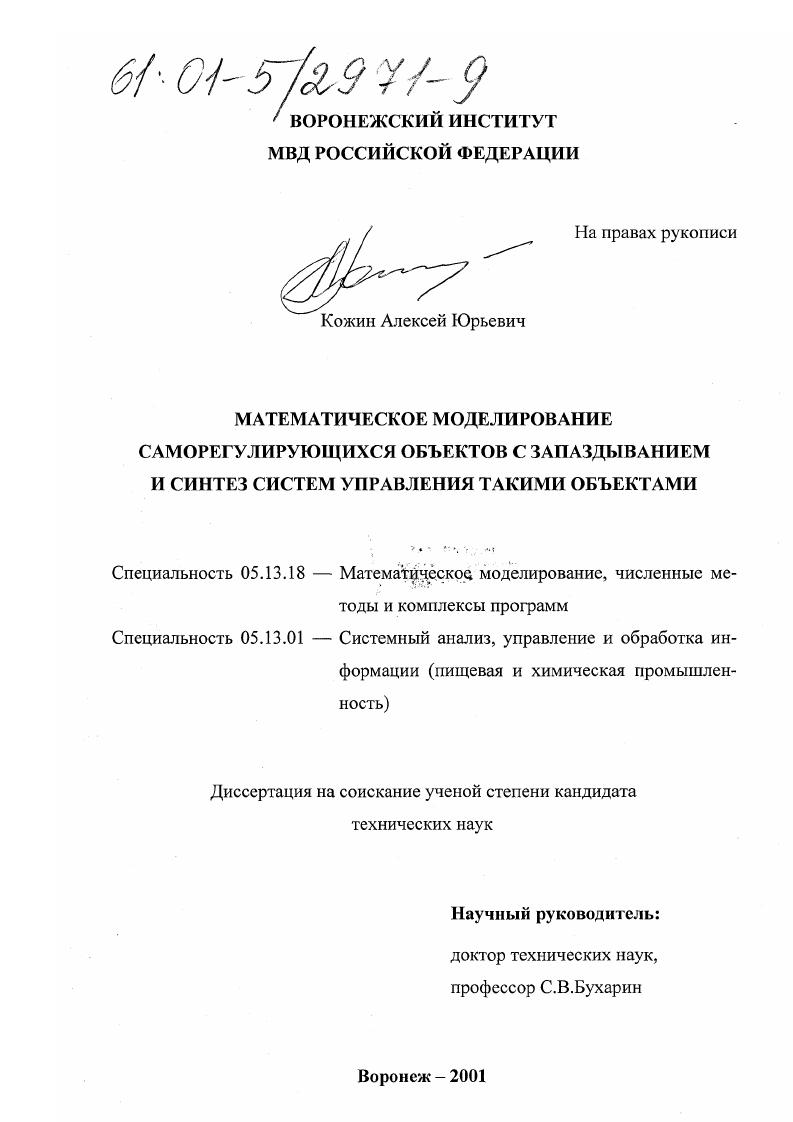 Математическое моделирование саморегулирующихся объектов с запаздыванием и синтез систем управления такими объектами