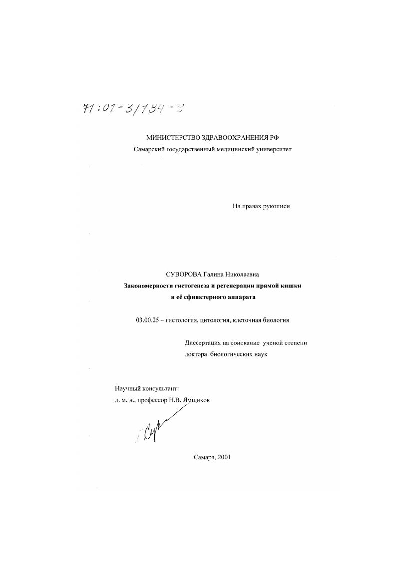 Закономерности гистогенеза и регенерации прямой кишки и ее сфинктерного аппарата
