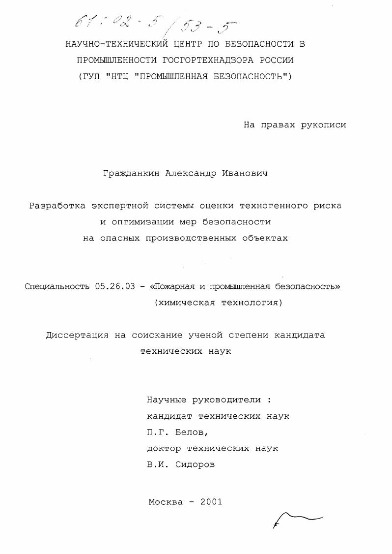 Разработка экспертной системы оценки техногенного риска и оптимизации мер безопасности на опасных производственных объектах