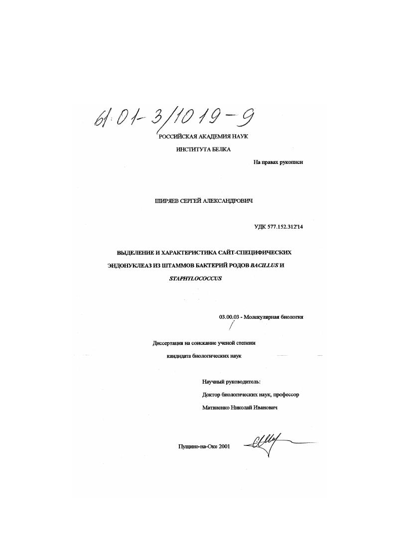 Выделение и характеристика сайт-специфических эндонуклеаз из штаммов бактерий родов Bacillus и Staphylococcus