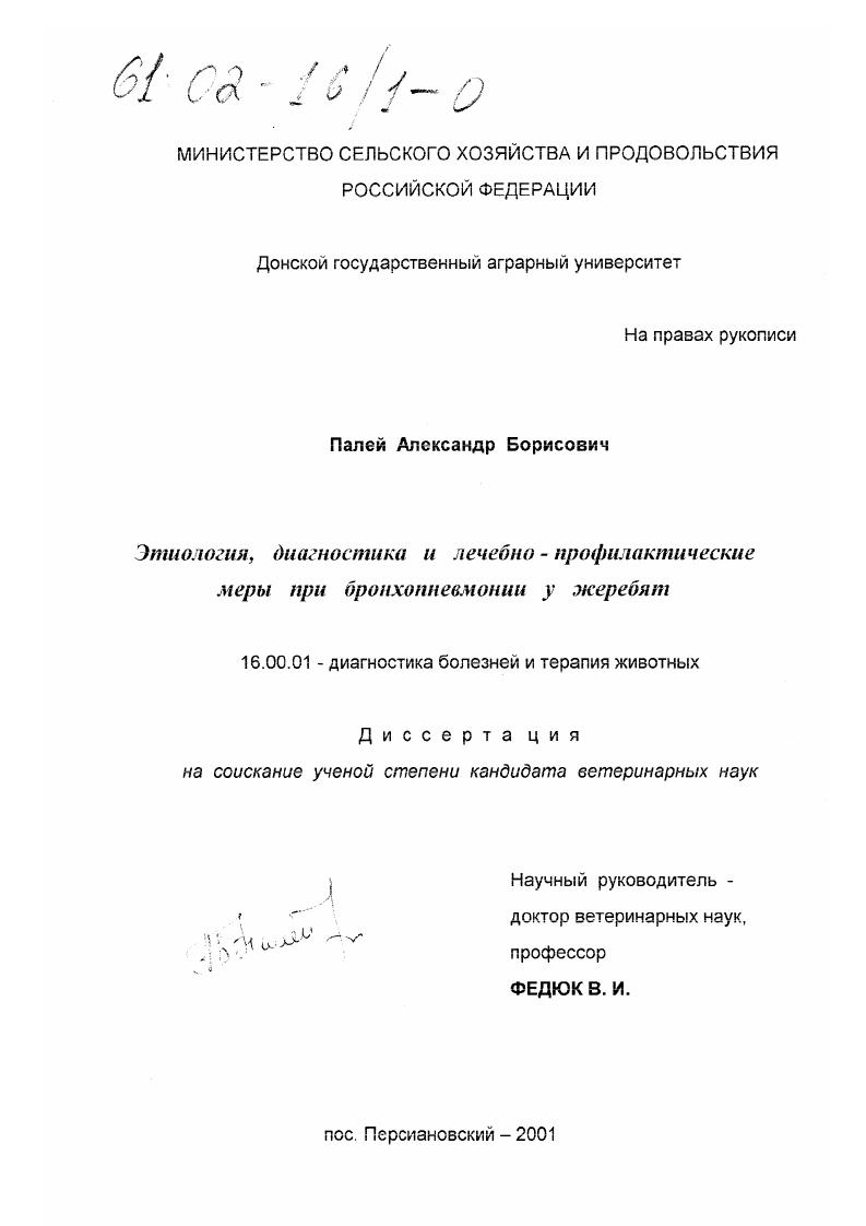 Этиология, диагностика и лечебно-профилактические меры при бронхопневмонии у жеребят