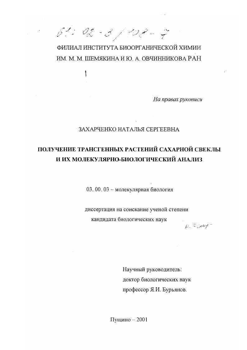 Получение трансгенных растений сахарной свеклы и их молекулярно-биологический анализ