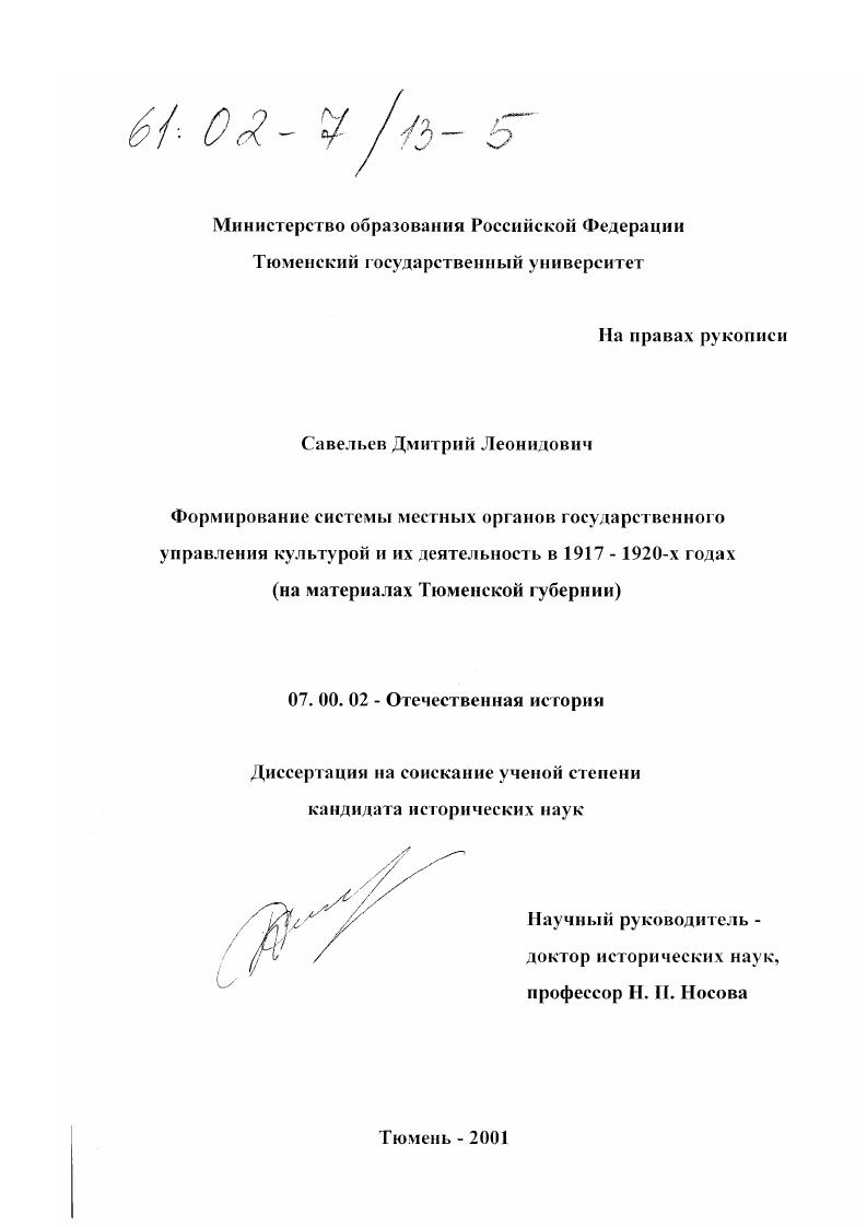 скачать диссертацию Формирование системы местных органов государственного управления культурой и их деятельность в 1917 - 1920-х годах : На материалах Тюменской губернии Формирование системы местных органов государственного управления культурой и их деятельность в 1917 - 1920-х годах : На материалах Тюменской губернии