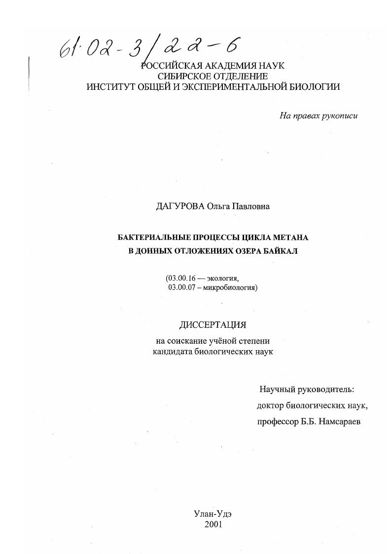 Бактериальные процессы цикла метана в донных отложениях озера Байкал
