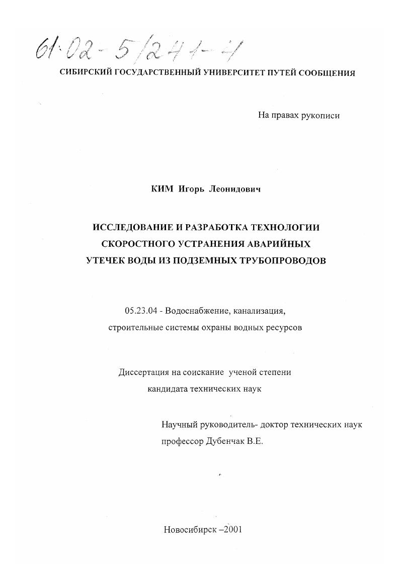 Исследование и разработка технологии скоростного устранения аварийных утечек воды из подземных трубопроводов