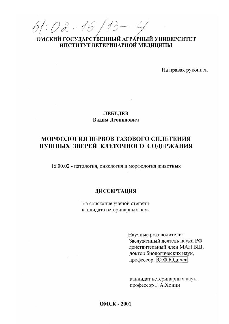 Морфология нервов тазового сплетения пушных зверей клеточного содержания