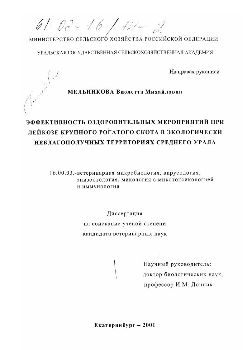 Эффективность оздоровительных мероприятий при лейкозе крупного рогатого скота в экологически неблагополучных территориях Среднего Урала