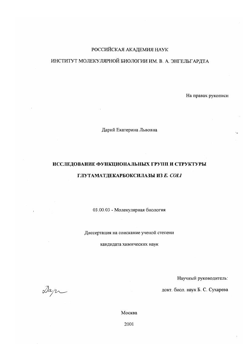 Исследование функциональных групп и структуры глутаматдекарбоксилазы из E.coli