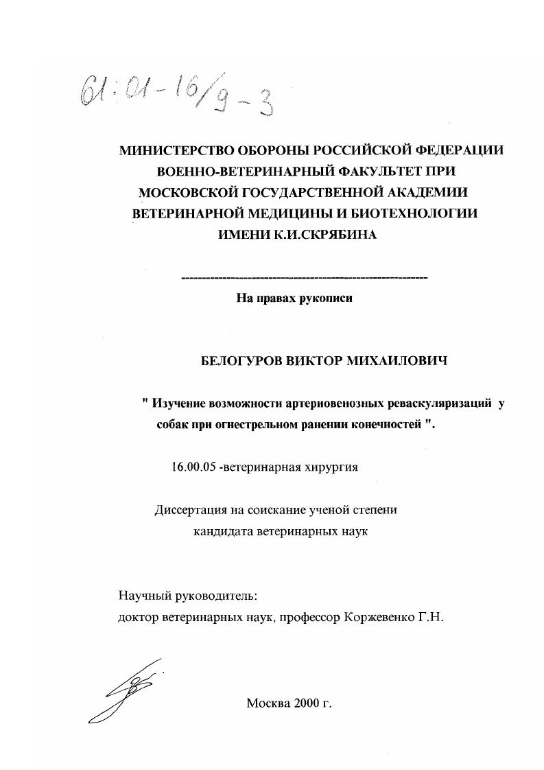 Изучение возможности артериовенозных реваскуляризаций у собак при огнестрельном ранении конечностей