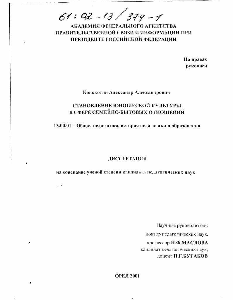 Становление юношеской культуры в сфере семейно-бытовых отношений