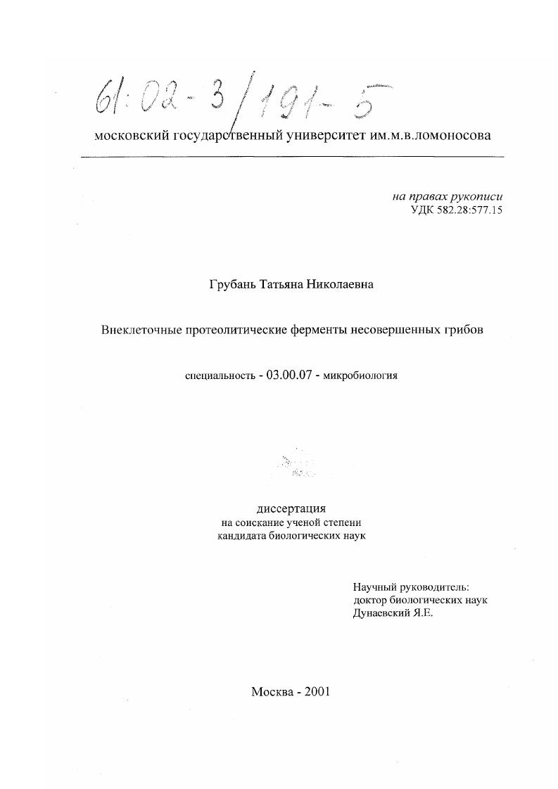 скачать диссертацию Внеклеточные протеолитические ферменты несовершенных грибов Внеклеточные протеолитические ферменты несовершенных грибов