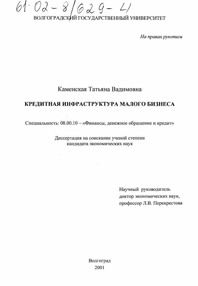 скачать диссертацию Кредитная инфраструктура малого бизнеса Кредитная инфраструктура малого бизнеса