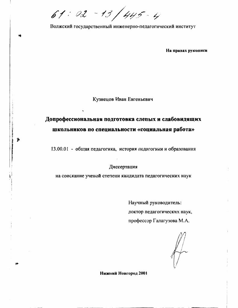 Допрофессиональная подготовка слепых и слабовидящих школьников по специальности "Социальная работа"