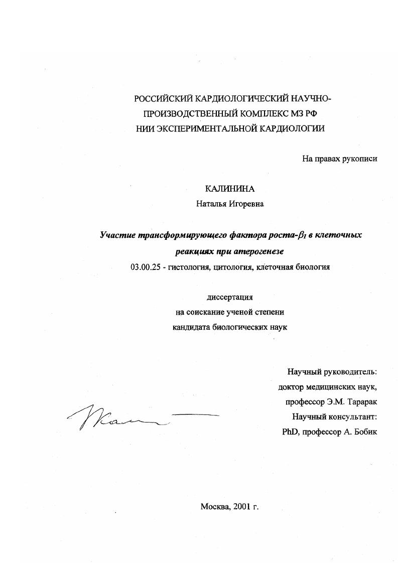 Участие трансформирующего фактора роста- β в клеточных реакциях при атерогенезе
