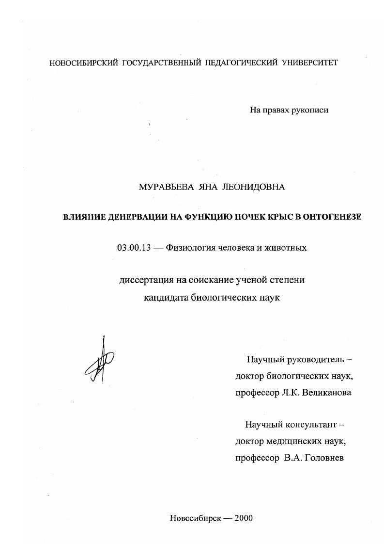 Влияние денервации на функции почек крыс в онтогенезе