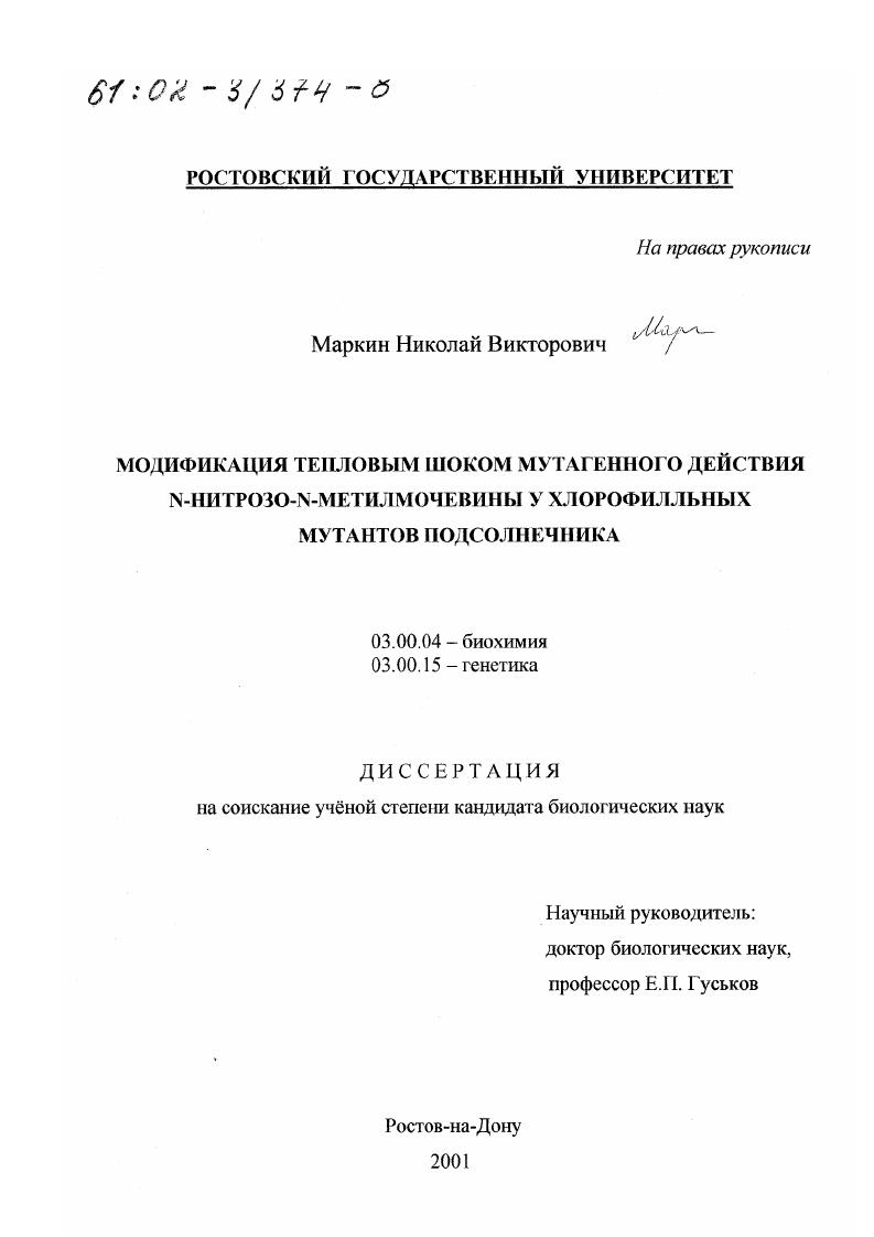 скачать диссертацию Модификация тепловым шоком мутагенного действия N-нитрозо-N-метилмочевины у хлорофилльных мутантов подсолнечника Модификация тепловым шоком мутагенного действия N-нитрозо-N-метилмочевины у хлорофилльных мутантов подсолнечника