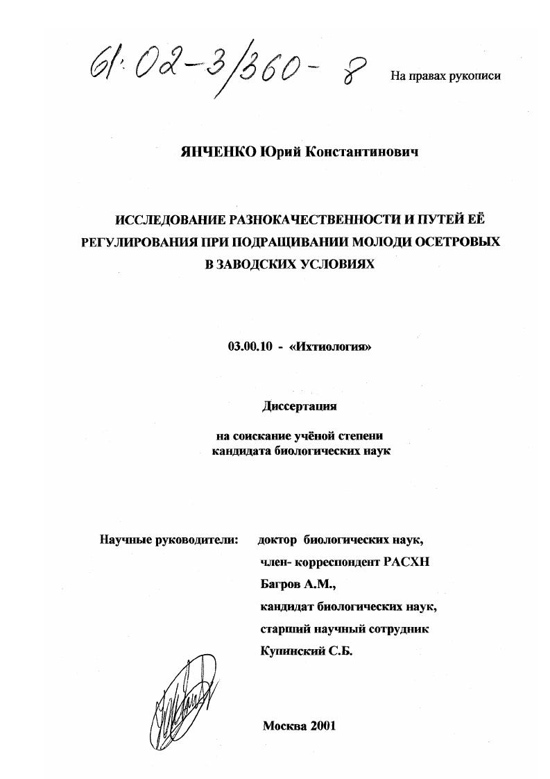 Исследование разнокачественности и путей её регулирования при подращивании молоди осетровых в заводских условиях