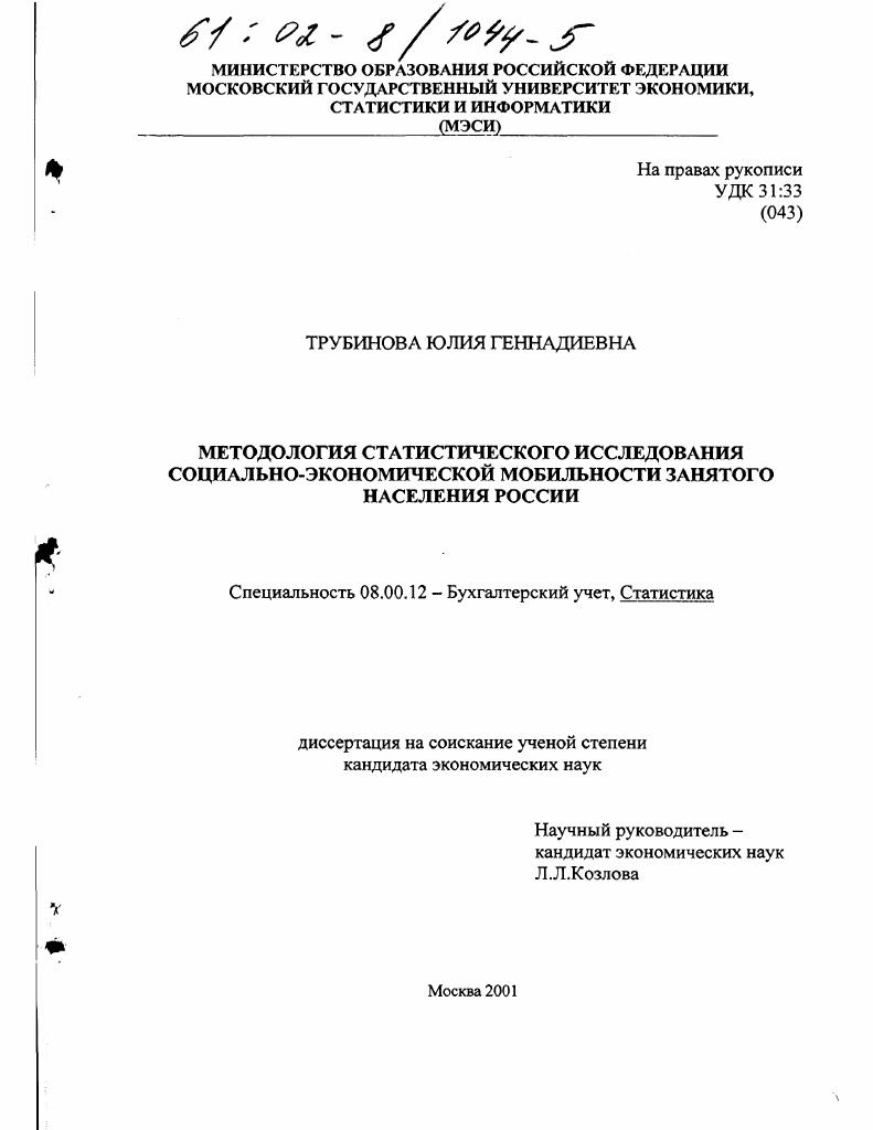 Методология статистического исследования социально-экономической мобильности занятого населения России