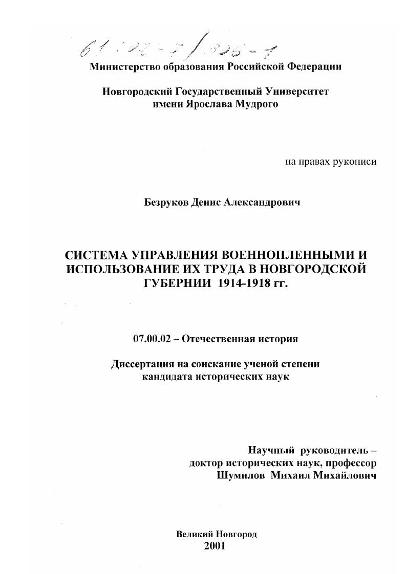 Система управления военнопленными и использование их труда в Новгородской губернии 1914 - 1918 гг.