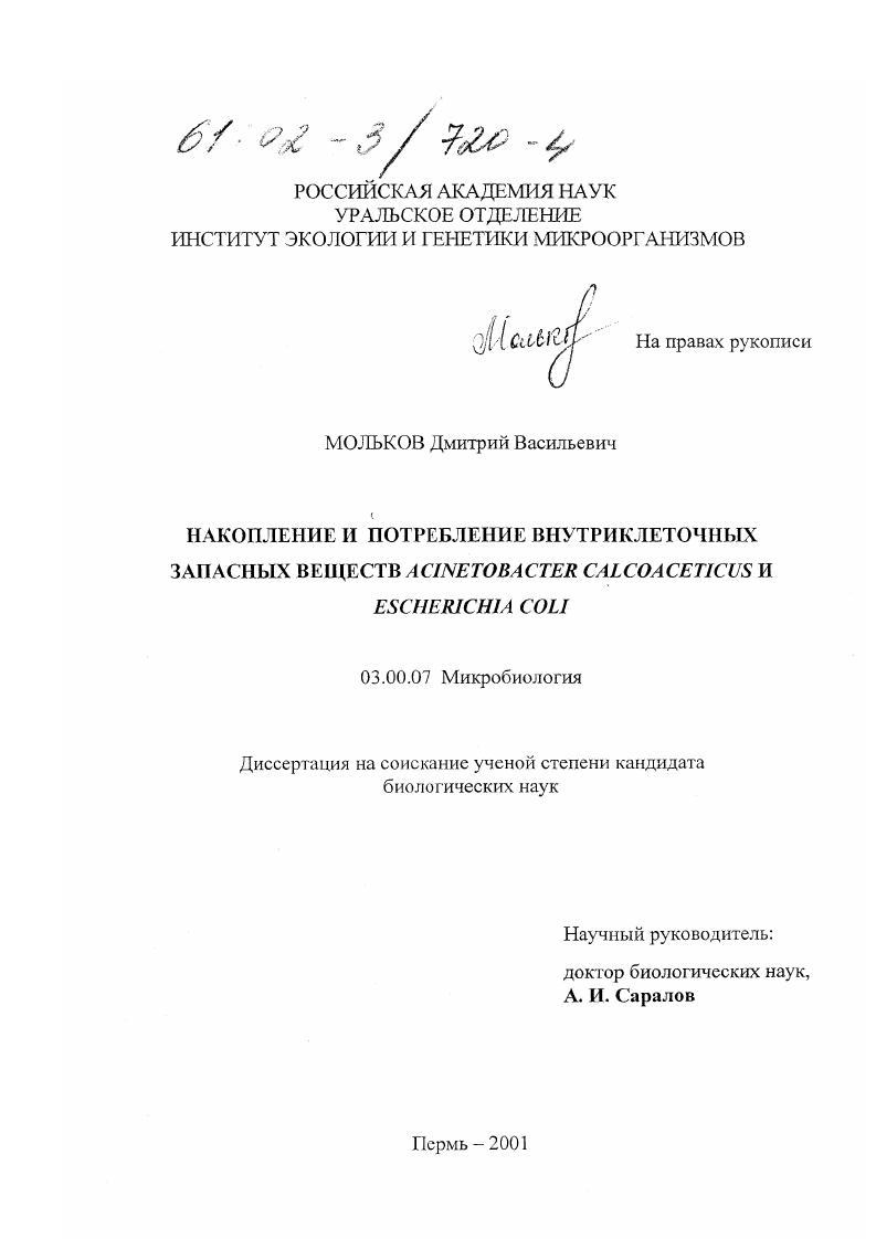 скачать диссертацию Накопление и потребление внутриклеточных запасных веществ Acinetobacter calcoaceticus и Escherichia coli Накопление и потребление внутриклеточных запасных веществ Acinetobacter calcoaceticus и Escherichia coli