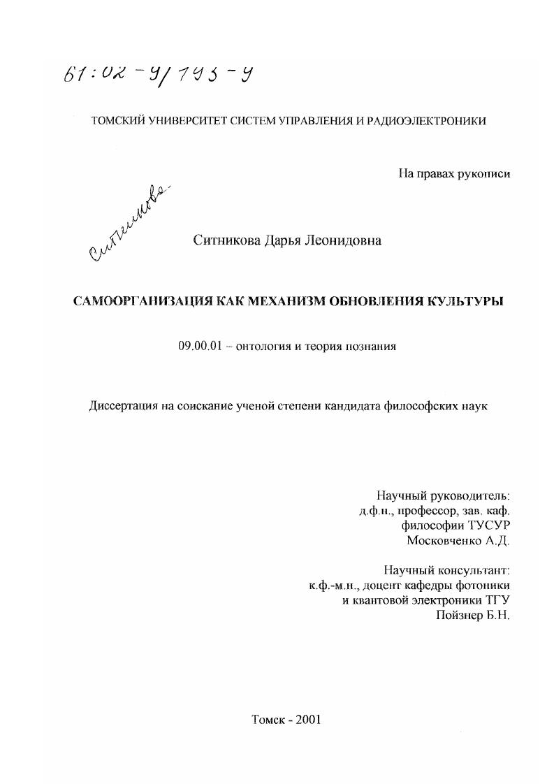 скачать диссертацию Самоорганизация как механизм обновления культуры Самоорганизация как механизм обновления культуры