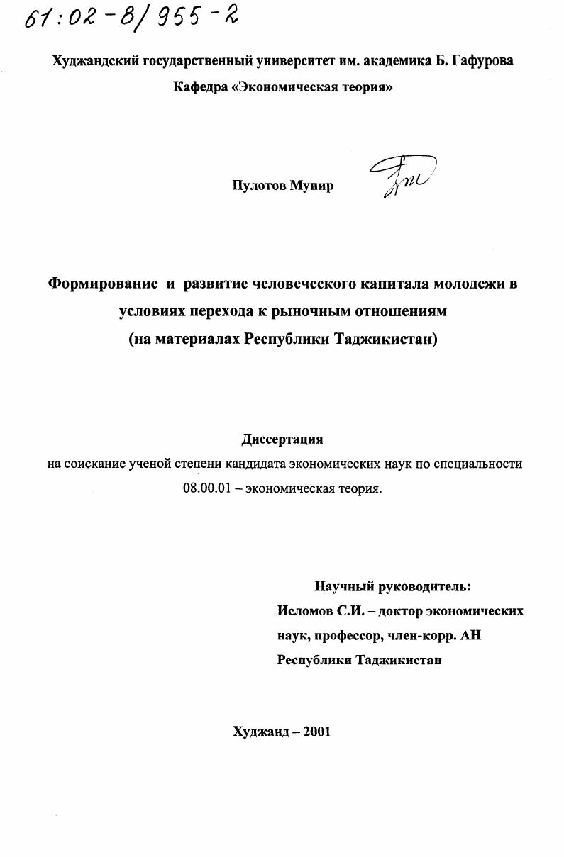 Формирование и развитие человеческого капитала молодежи в условиях перехода к рыночным отношениям : На материалах Республики Таджикистан