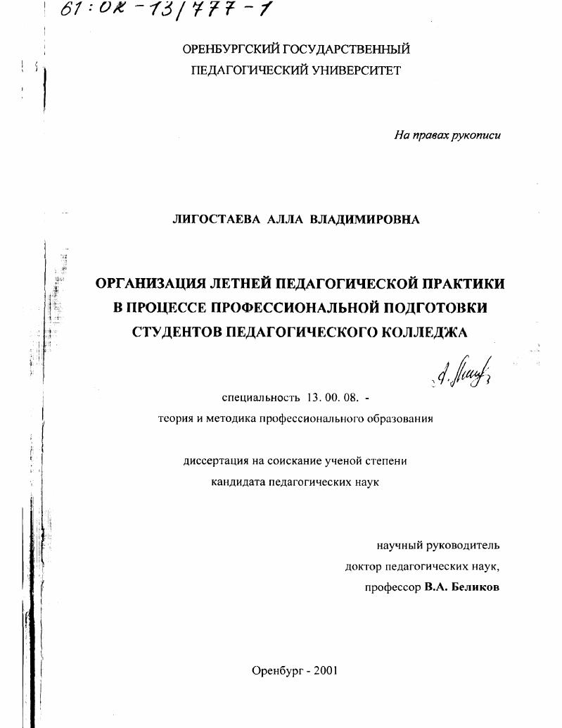 скачать диссертацию Организация летней педагогической практики в процессе профессиональной подготовки студентов педагогического колледжа Организация летней педагогической практики в процессе профессиональной подготовки студентов педагогического колледжа