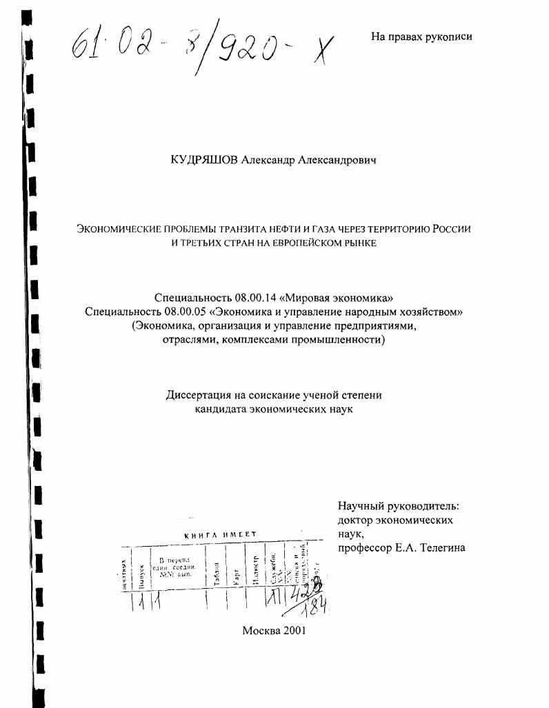 Экономические проблемы транзита нефти и газа через территорию России и третьих стран на европейском рынке