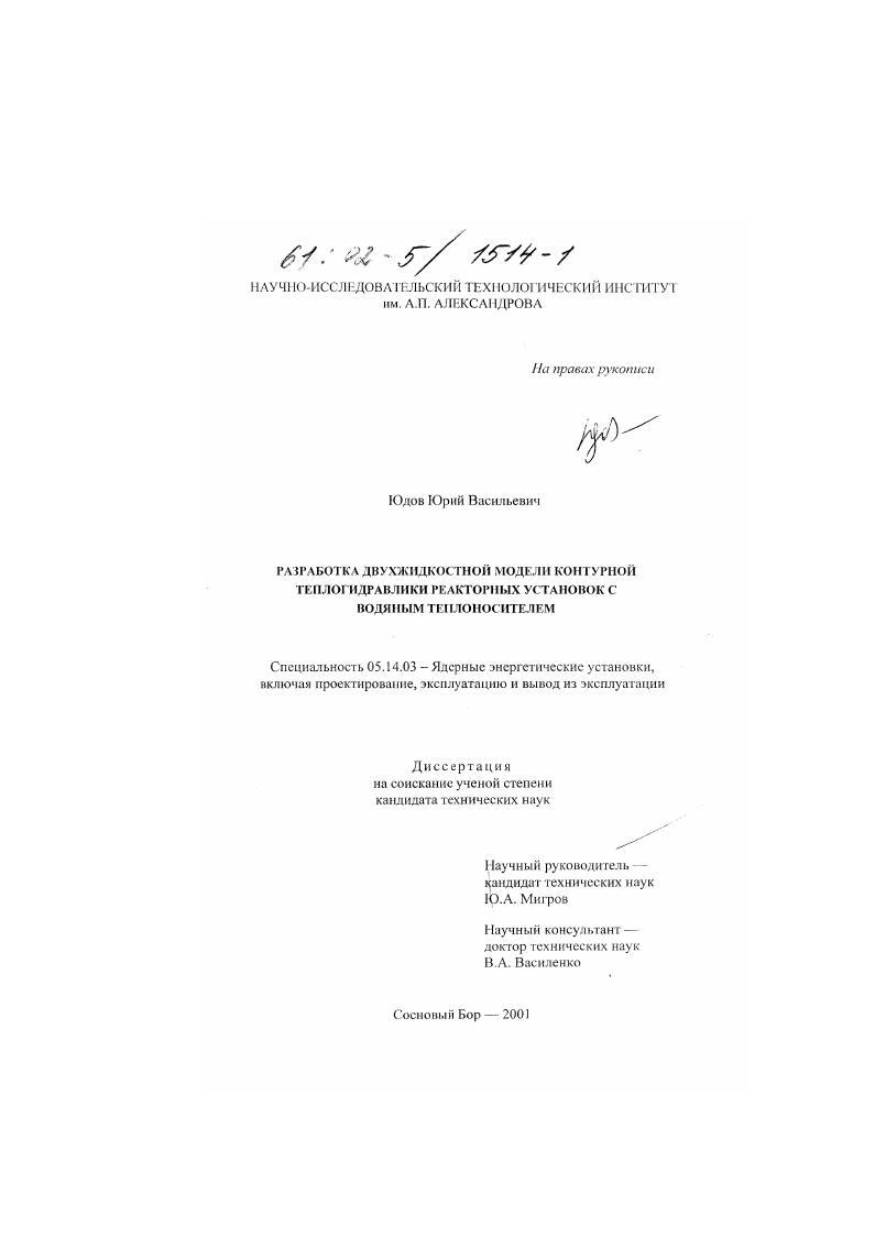 Разработка двухжидкостной модели контурной теплогидравлики реакторных установок с водяным теплоносителем