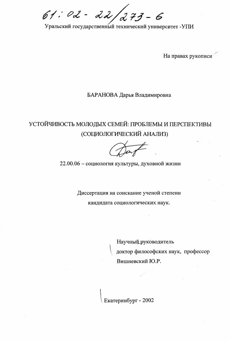 Устойчивость молодых семей: проблемы и перспективы : Социологический анализ