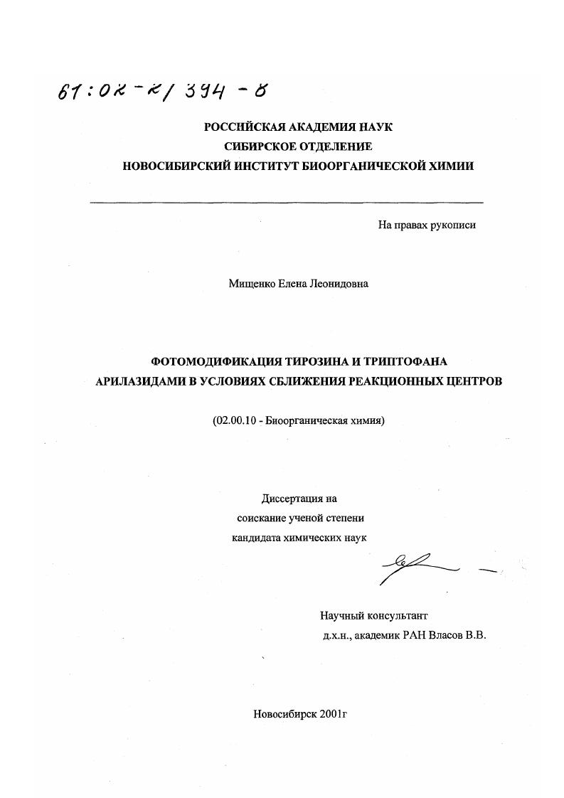 Фотомодификация тирозина и триптофана арилазидами в условиях сближения реакционных центров