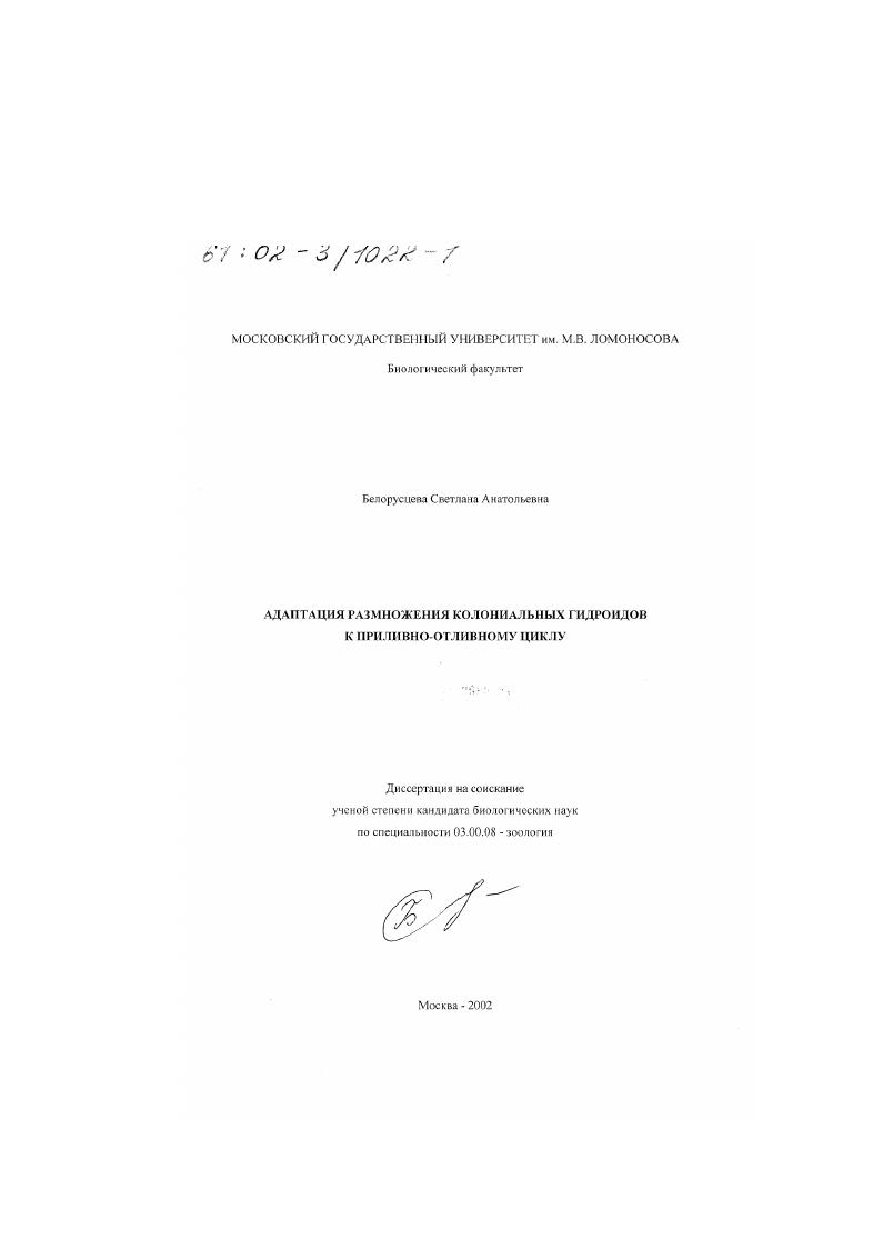 Адаптация размножения колониальных гидроидов к приливно-отливному циклу