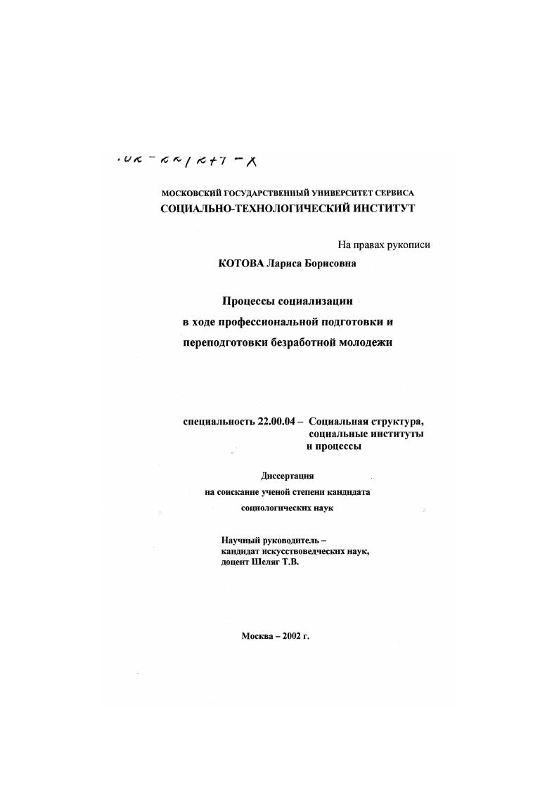 скачать диссертацию Процессы социализации в ходе профессиональной подготовки и переподготовки безработной молодежи Процессы социализации в ходе профессиональной подготовки и переподготовки безработной молодежи