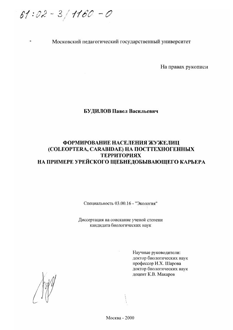 Формирование населения жужелиц (Coleoptera, Carabidae) на посттехногенных территориях : На примере Урейского щебнедобывающего карьера