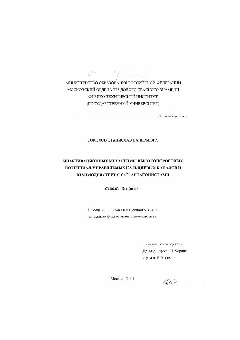Инактивационные механизмы высокопороговых потенциал-управляемых кальциевых каналов и взаимодействие с Ca2+-антагонистами