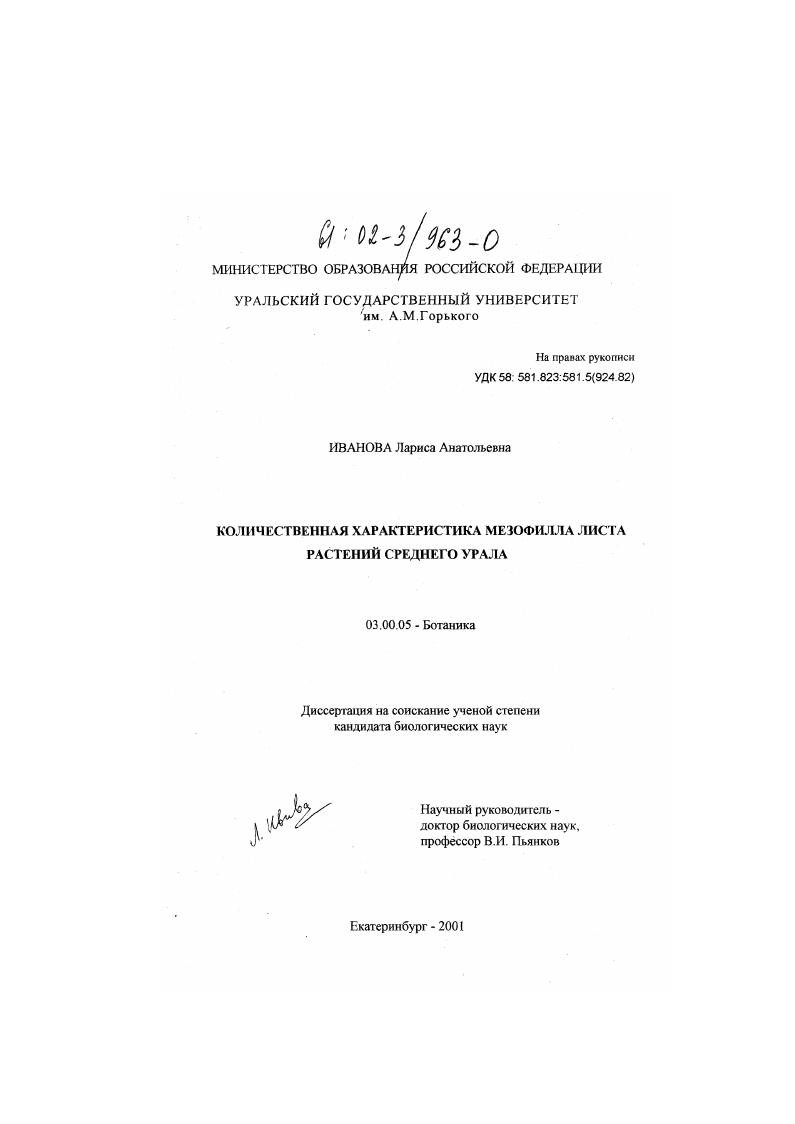 Количественная характеристика мезофилла листа растений Среднего Урала