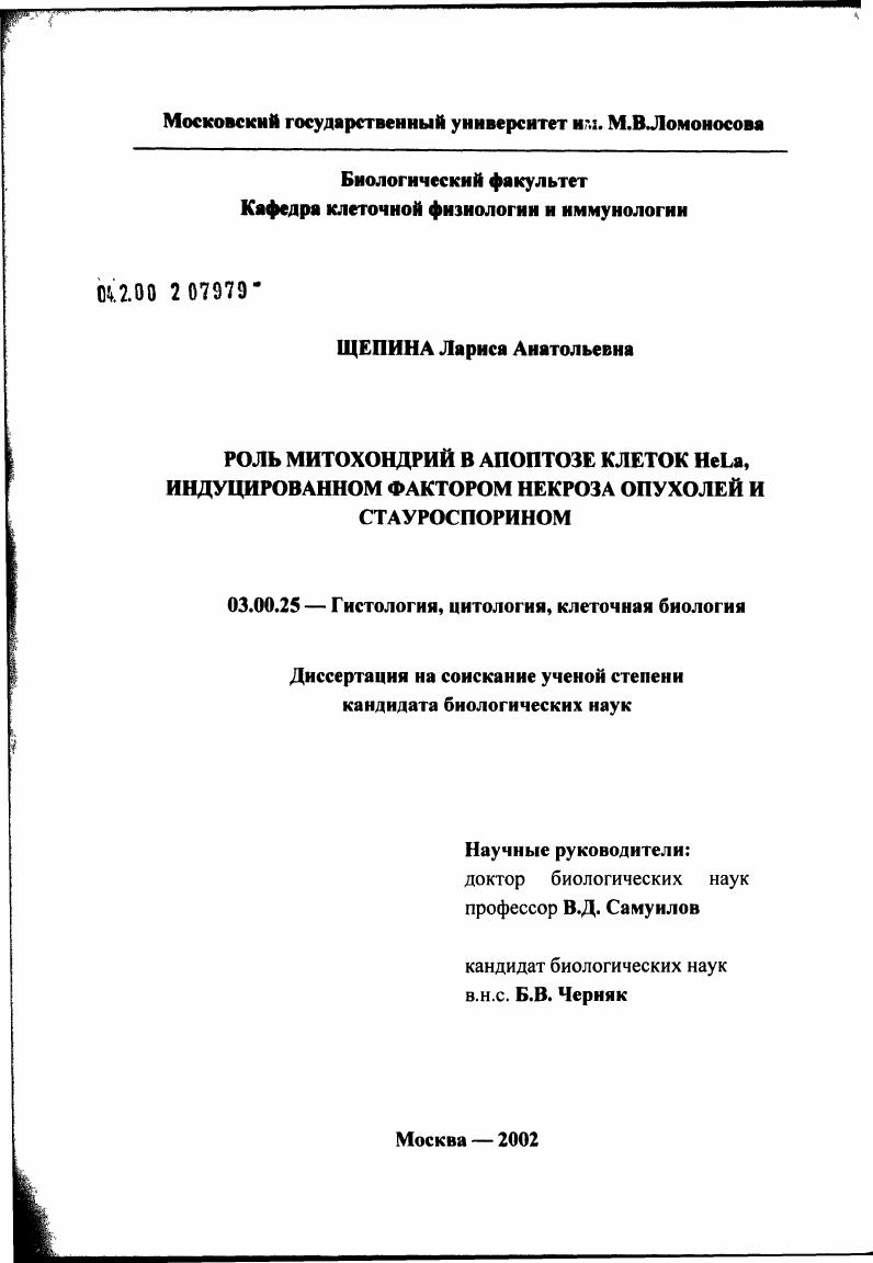Роль митохондрий в апоптозе клеток HeLa, индуцированном фактором некроза опухолей и стауроспорином