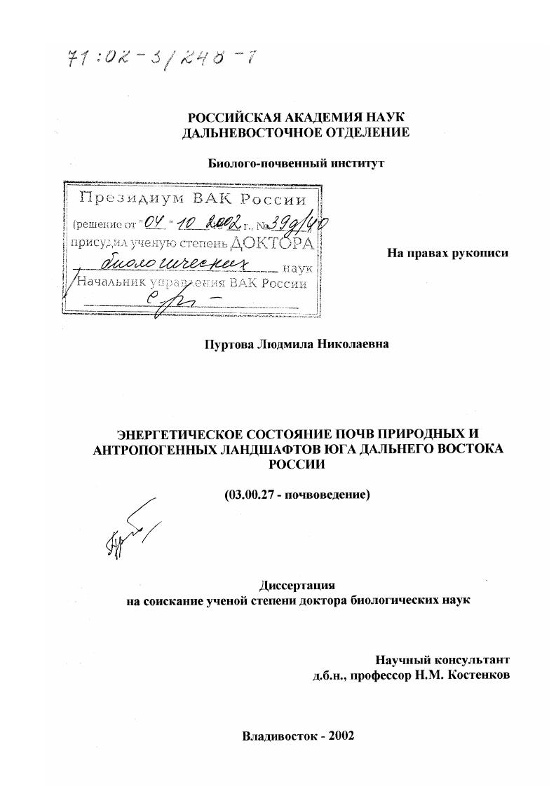 Энергетическое состояние почв природных и антропогенных ландшафтов юга Дальнего Востока России