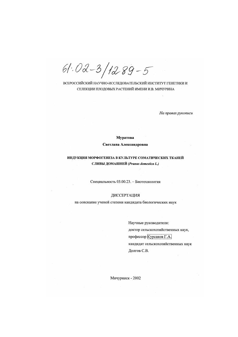 скачать диссертацию Индукция морфогенеза в культуре соматических тканей сливы домашней : Prunus domestica L. Индукция морфогенеза в культуре соматических тканей сливы домашней : Prunus domestica L.
