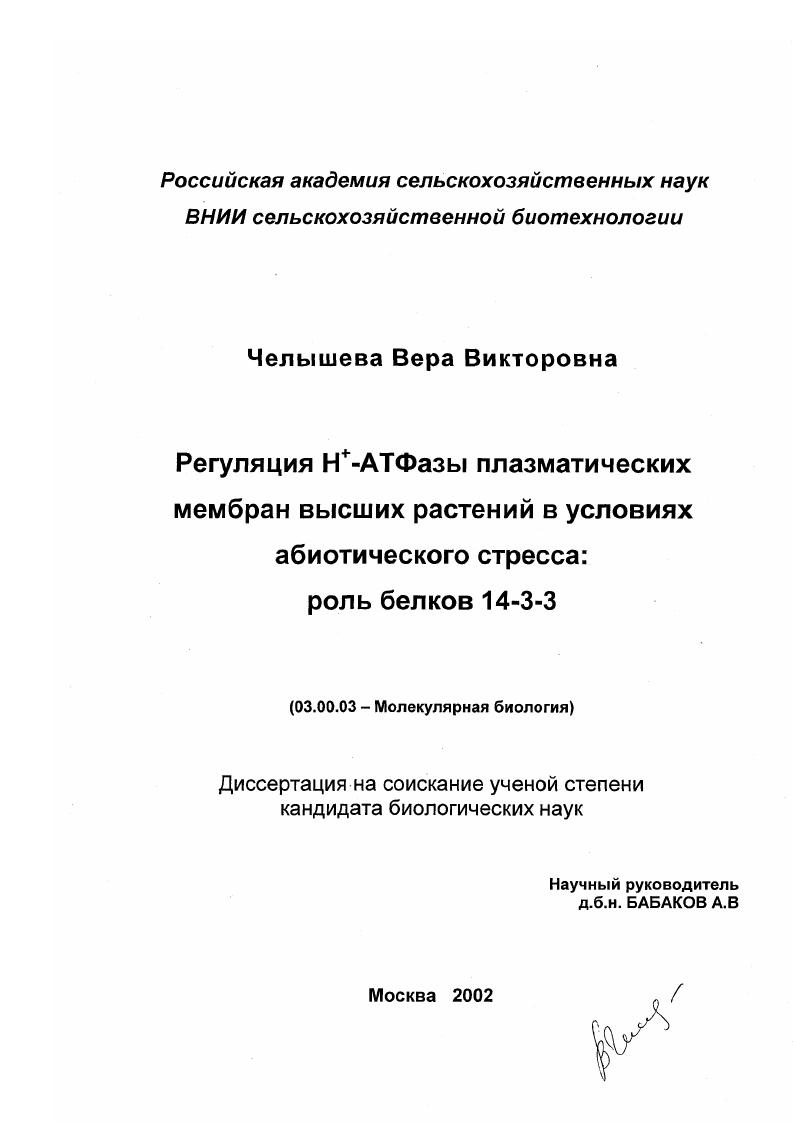 Регуляция H +-АТФазы плазматических мембран высших растений в условиях абиотического стресса : Роль белков 14-3-3